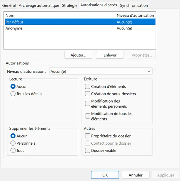 Image: Outlook : autorisations pour les boîtes aux lettres