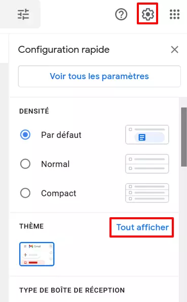 Image: Section « Thème » du menu « Configuration rapide » de Gmail