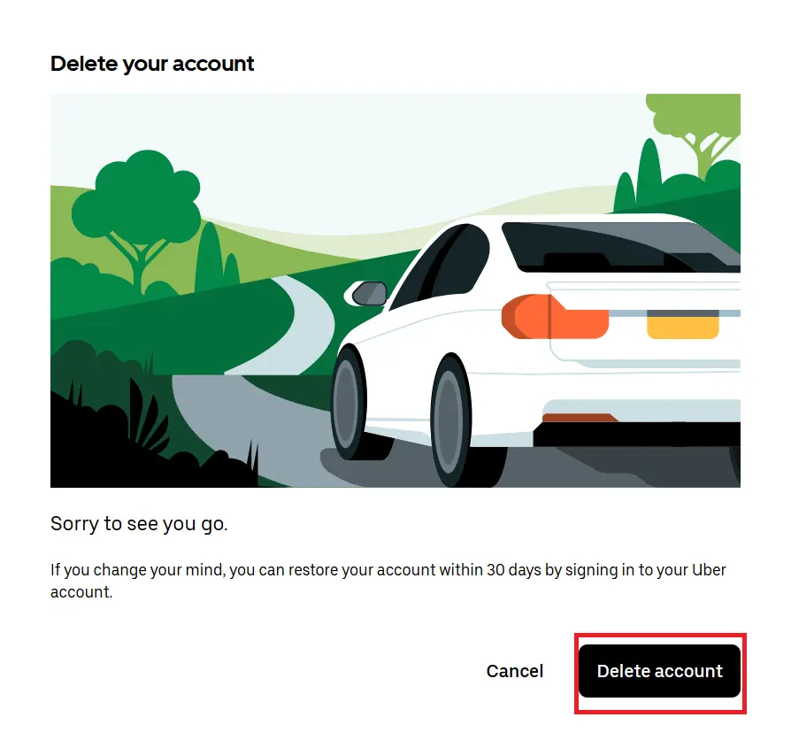 Capture d’écran de la suppression de compte sur le site Web d’Uber Image: Capture d’écran de la suppression de compte sur le site Web d’Uber