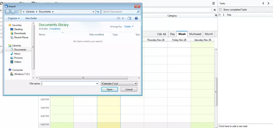 Image: Dans la nouvelle fenêtre de l’agenda Thunderbird, sélectionner le fichier ICS désiré