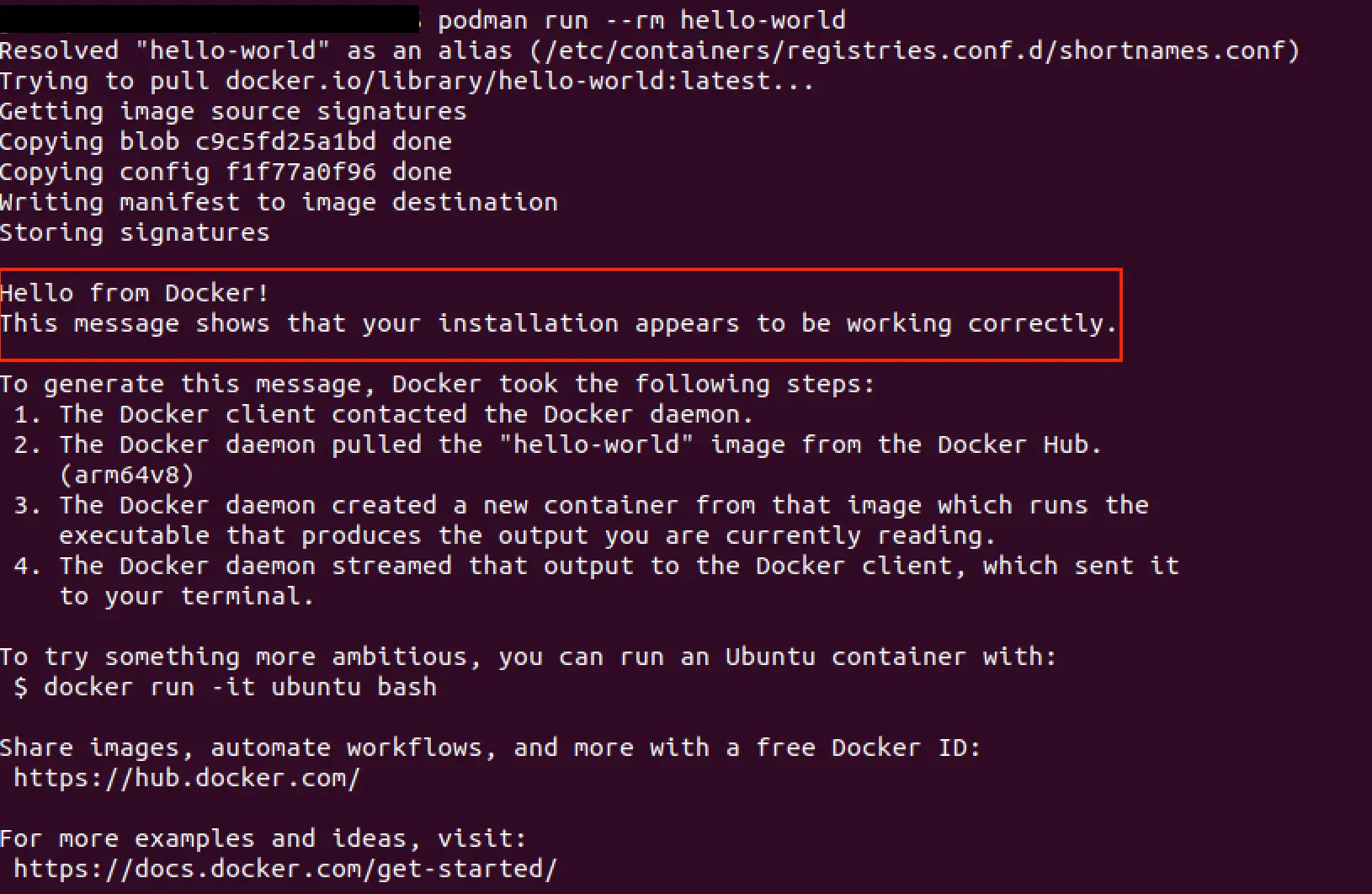 Podman : exécution réussie du conteneur de test « hello-world » Image: Podman : exécution réussie du conteneur de test « hello-world »