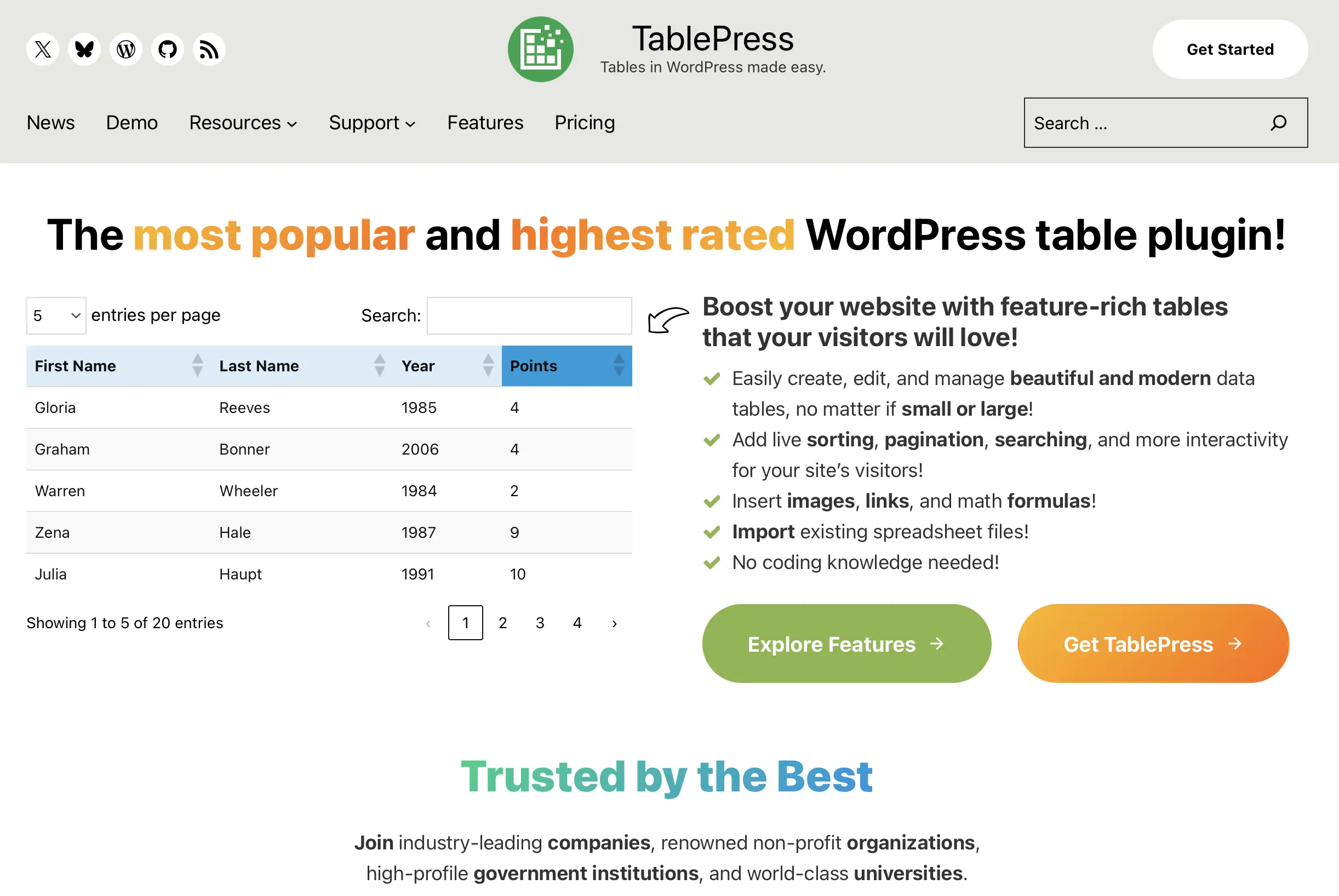Image: Page d’accueil du plugin WordPress TablePress