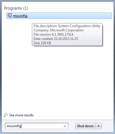 Image: Affichage de la recherche du programme de configuration du système msconfig