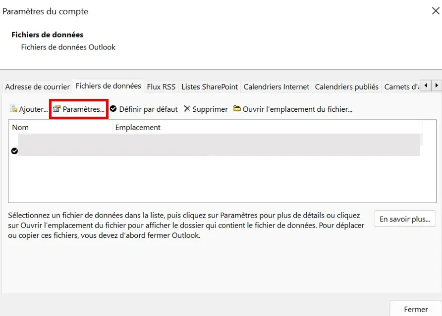 Image: Liste des fichiers de données Outlook