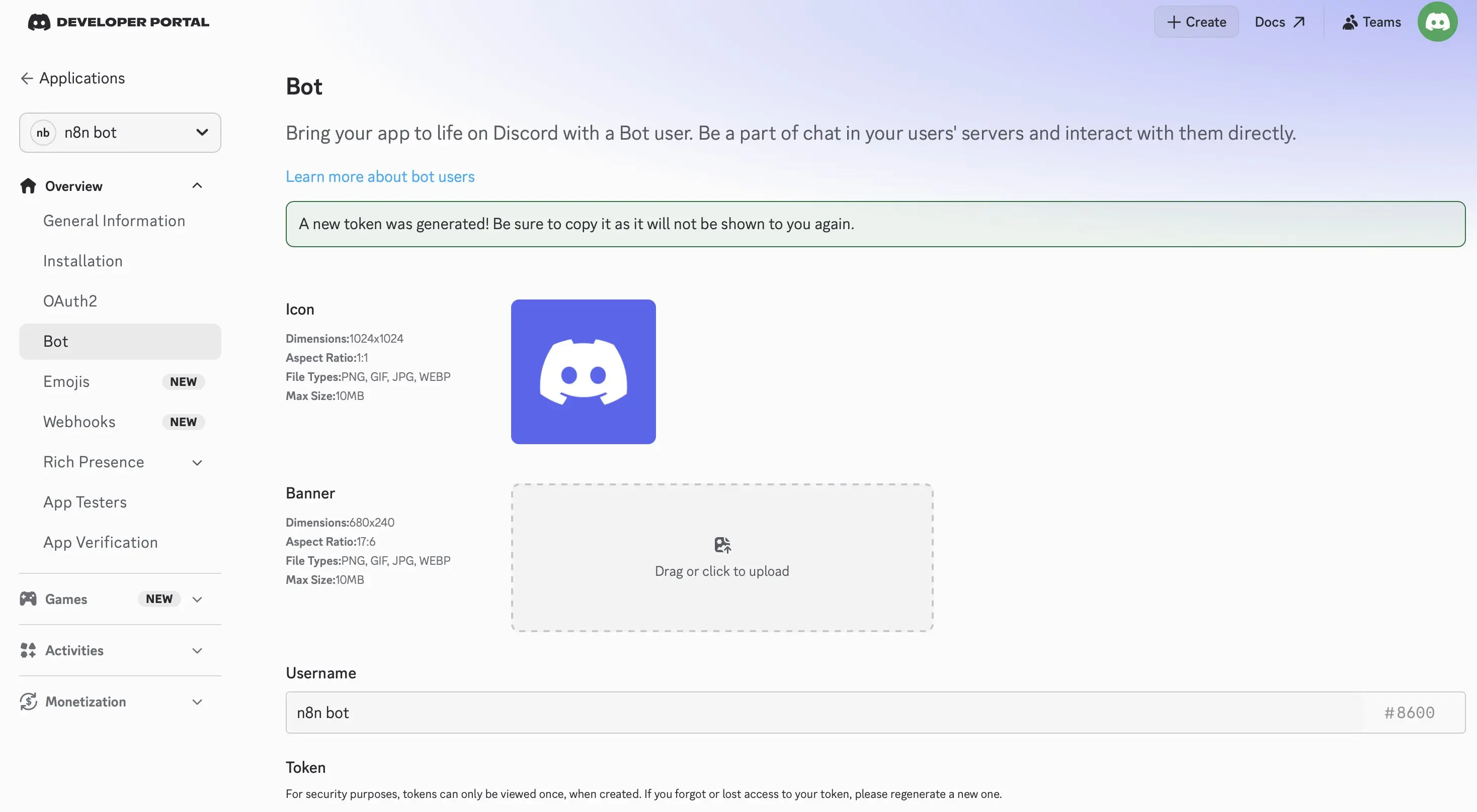 Image: Discord Developer Portal : créer un bot