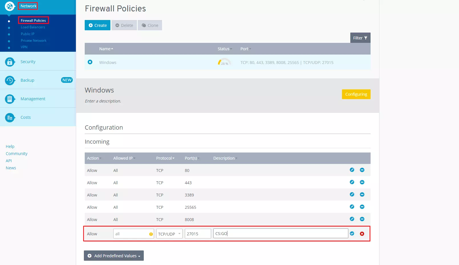 Image: Stratégies de pare-feu dans le Cloud Panel IONOS