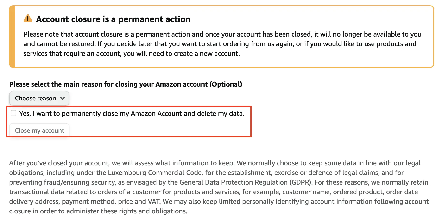 Page de suppression du compte Amazon sur le Web Image: Page de suppression du compte Amazon sur le Web