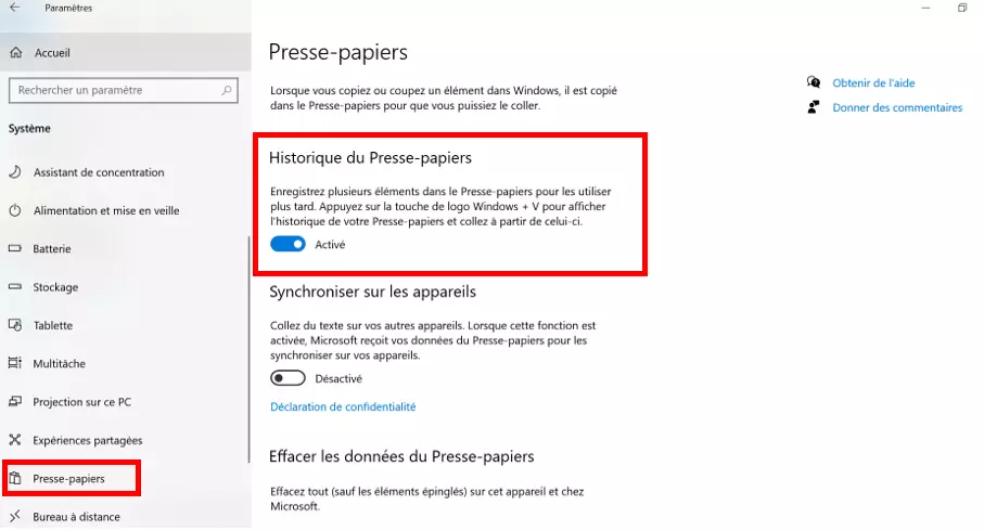 Image: Presse-papiers dans les paramètres de Windows avec l’« Historique du Presse-Papiers »