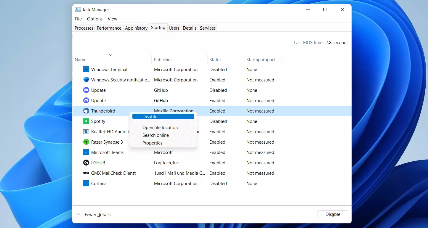 Image: Windows 11 : configuration du démarrage dans le gestionnaire des tâches