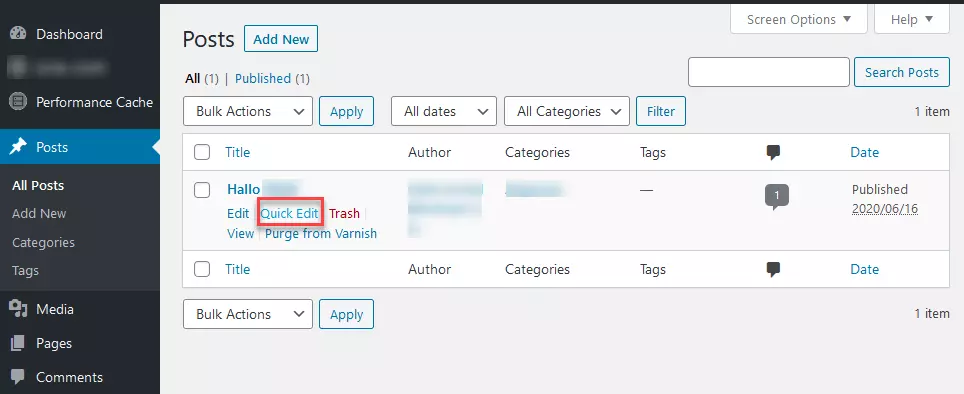 Menu « Articles > Tous les articles » du back-office de WordPress avec la fonction « Modification rapide » affichée 