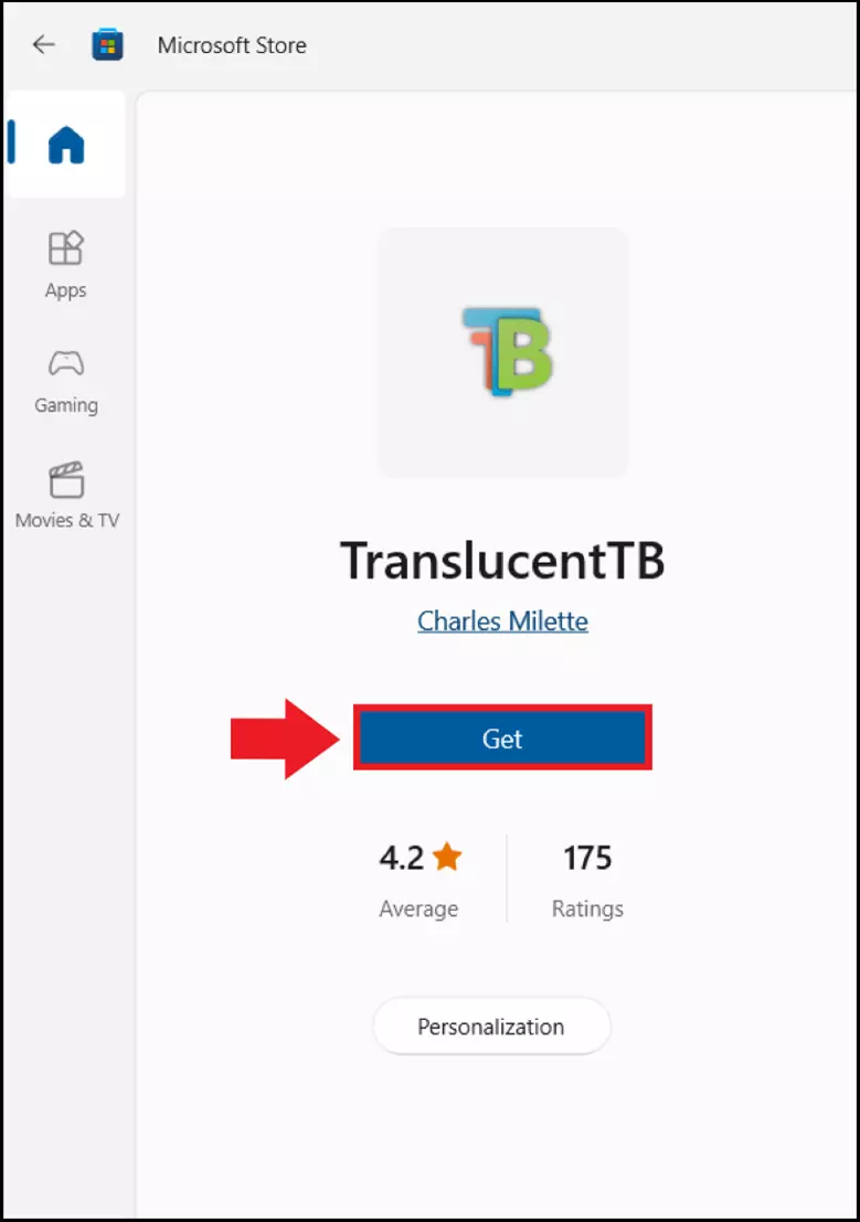 Image: L’outil « TranslucentTB » dans le Microsoft Store