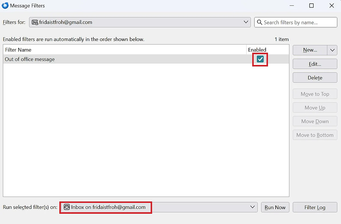 Image: Configurer un message d’absence Thunderbird : activer le filtre