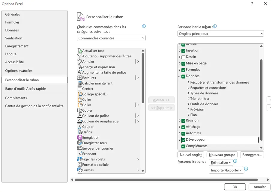 Image: Excel : ajouter l’onglet Développeur