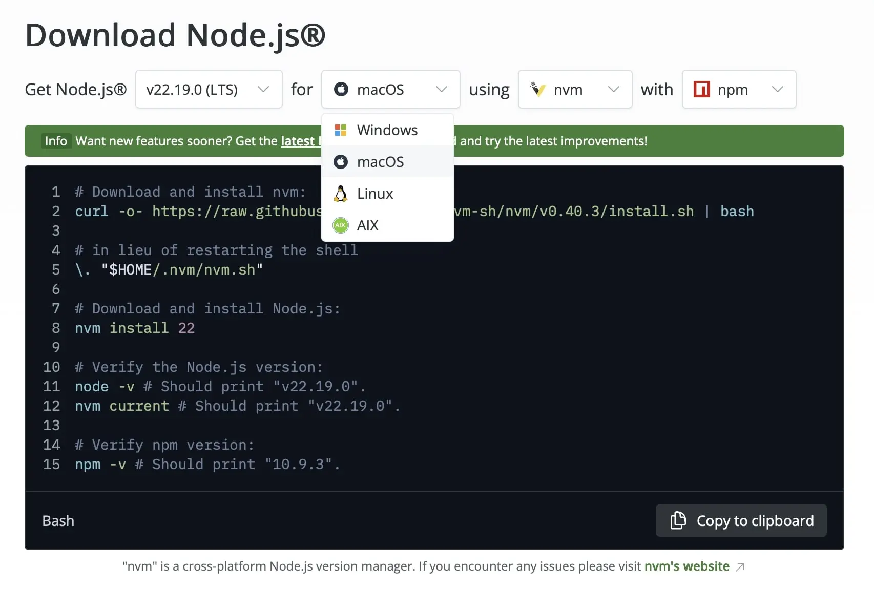 Image: Capture d&rsquo;&eacute;cran de la page d&rsquo;accueil de Node.js