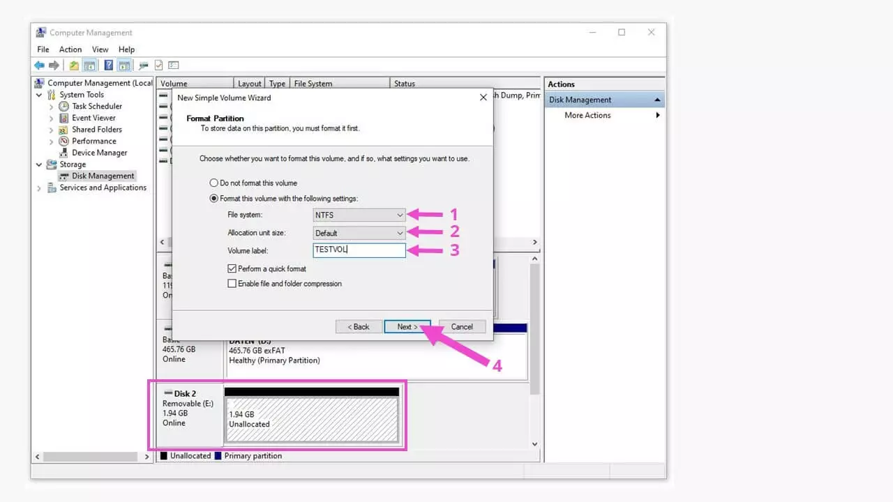 Image: Gestion des disques Windows avec le menu de mise en place de partitions