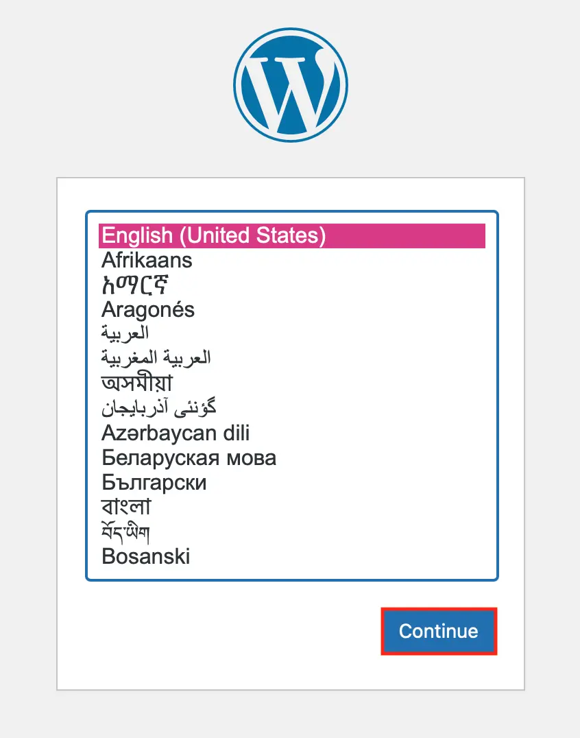 Capture d’écran du choix de la langue WordPress Image: Capture d’écran du choix de la langue WordPress