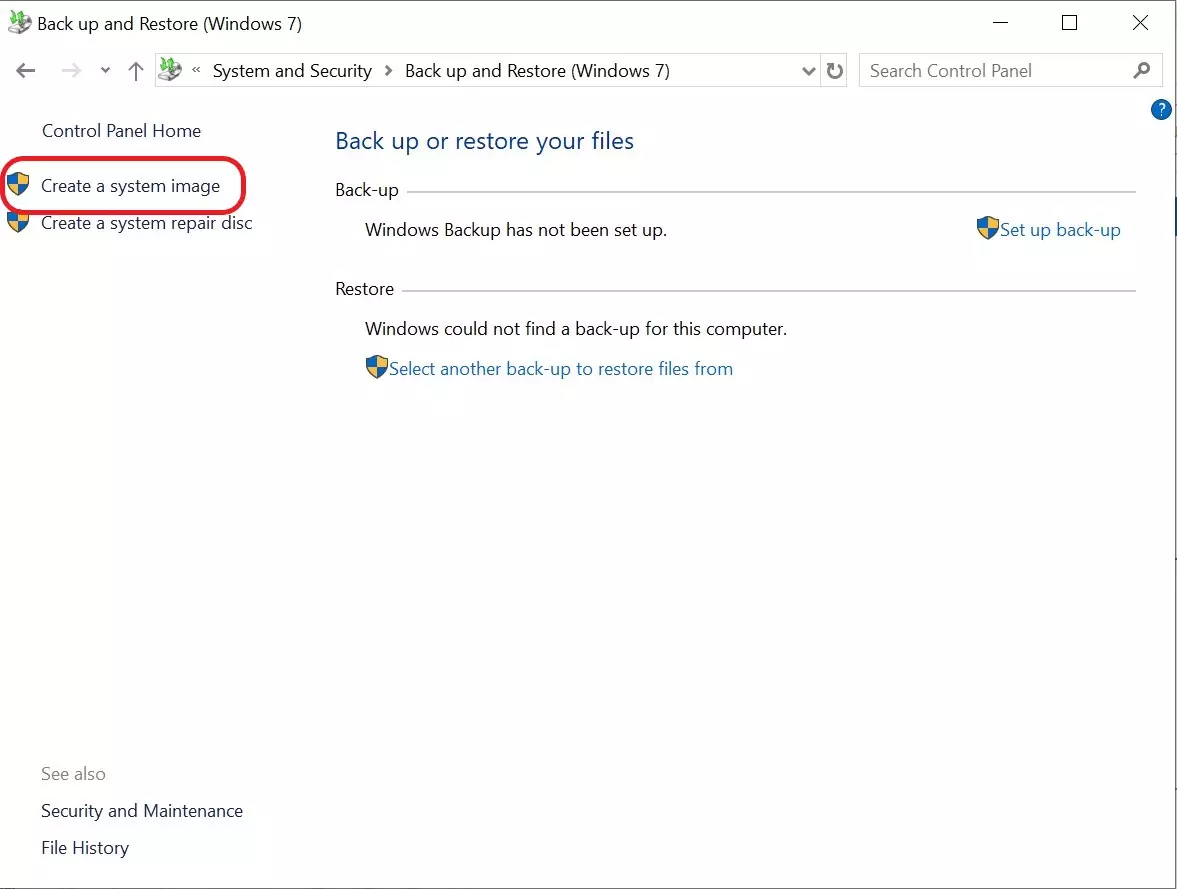 Image: « Créer une image système » dans le panneau de configuration de Windows 10
