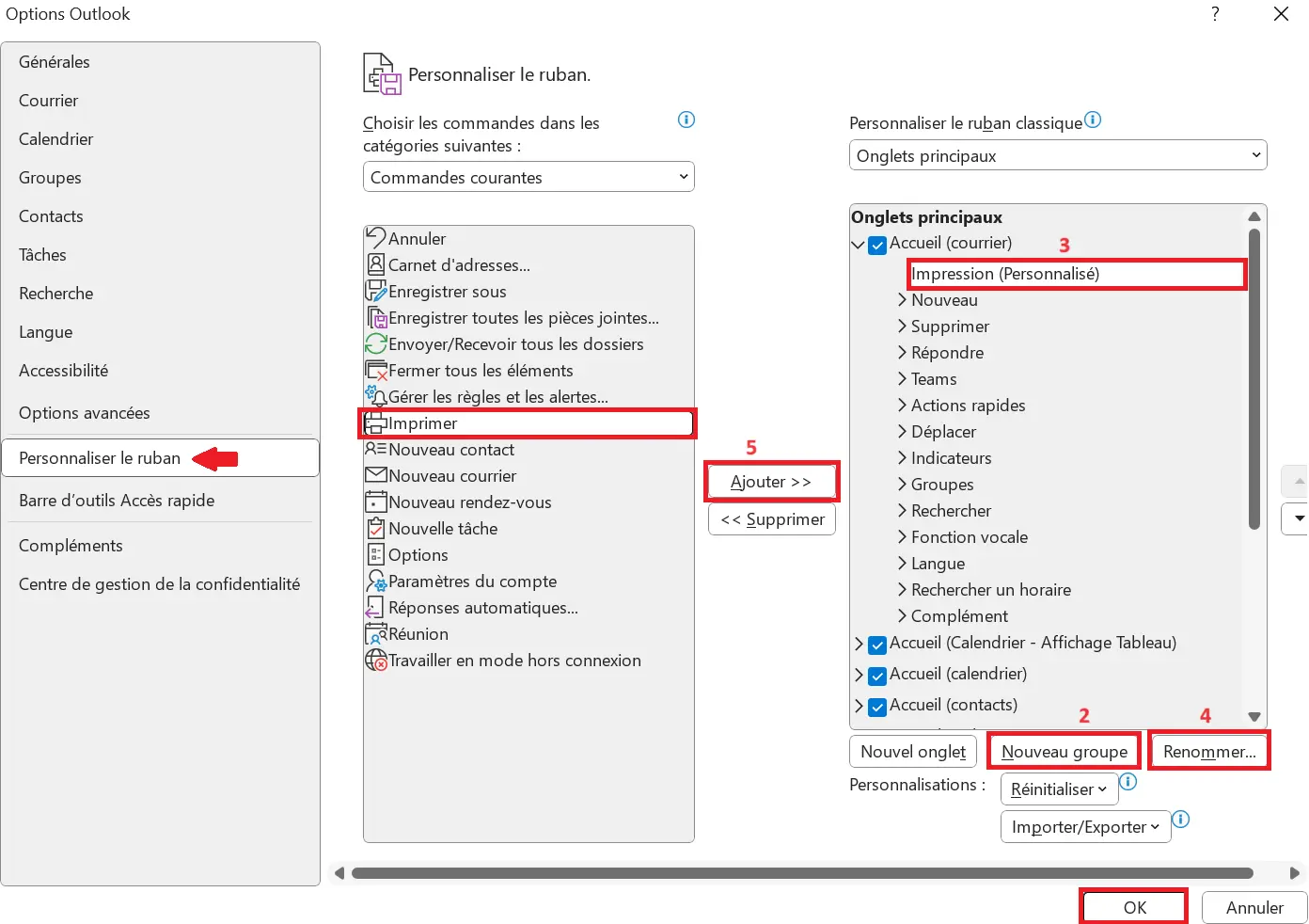 Options Outlook de personnalisation du ruban Image: Options Outlook de personnalisation du ruban