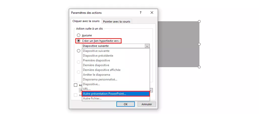 Image: PowerPoint 365 : paramètres des actions