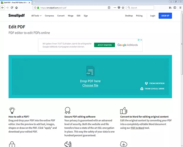 Image: Capture d'écran du site Web Smallpdf sur lequel un fichier PDF peut être modifié en ligne.