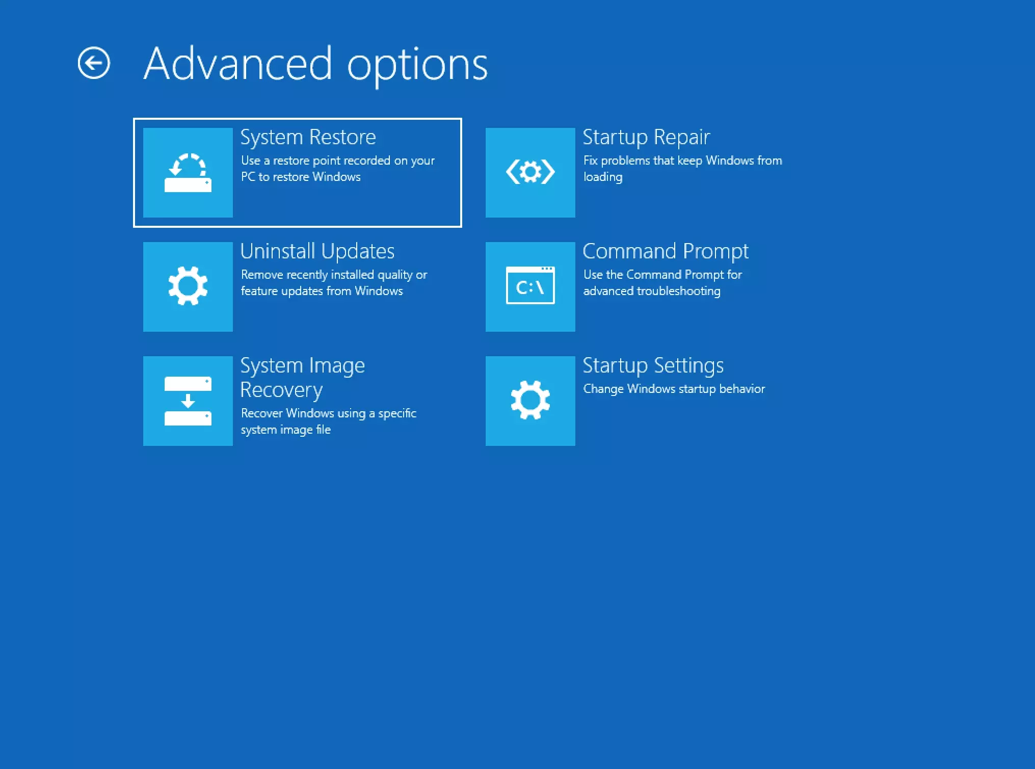 Image: Menu des options de démarrage de Windows