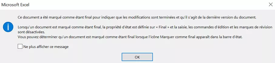 Message indiquant que le document Excel a été marqué comme étant final Message indiquant que le document Excel a été marqué comme étant final