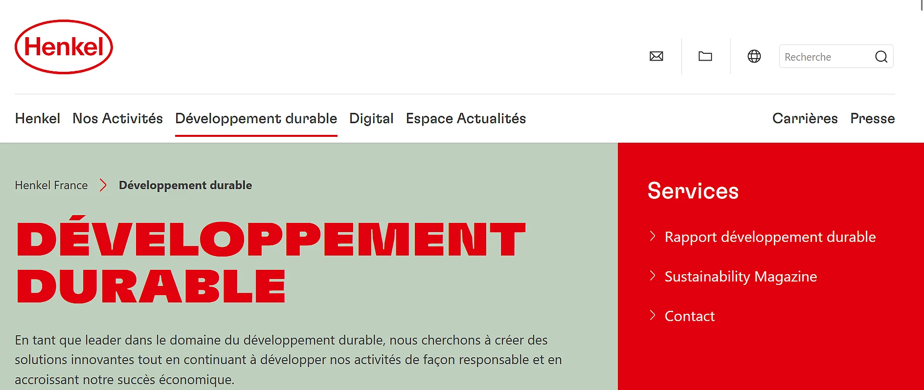 Capture d’écran du site Web de Henkel : section sur le thème « Durabilité » Image: Capture d’écran du site Web de Henkel : section sur le thème « Durabilité »