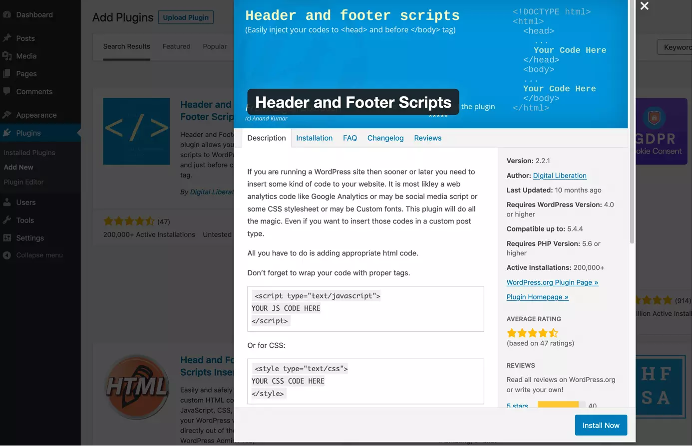 Image: Installer le plugin Header and Footer Scripts