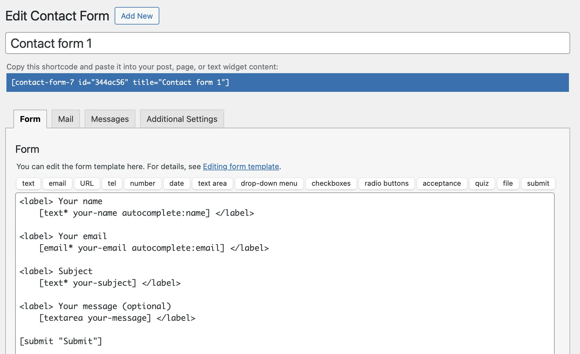 Image: Interface du plugin Contact Form 7