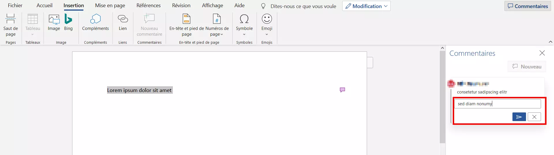 Image: Word 2016 : Exemple de commentaire incluant la réponse