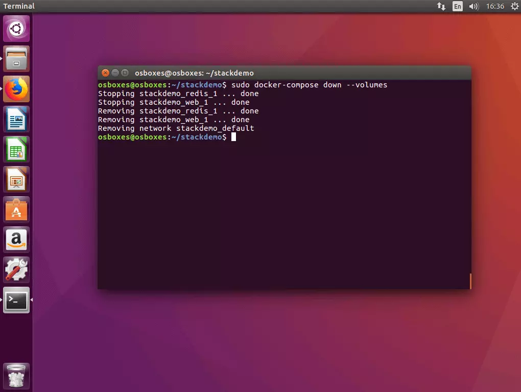 Image: La commande « docker-compose down » dans le terminal Ubuntu