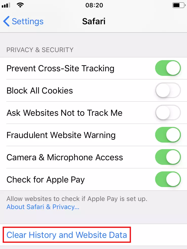 Image: Réglages iOS pour Safari : « Effacer historique, données de site »