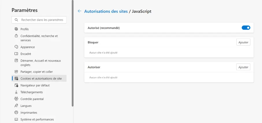 Image: Capture d’écran des autorisations du site pour JavaScript