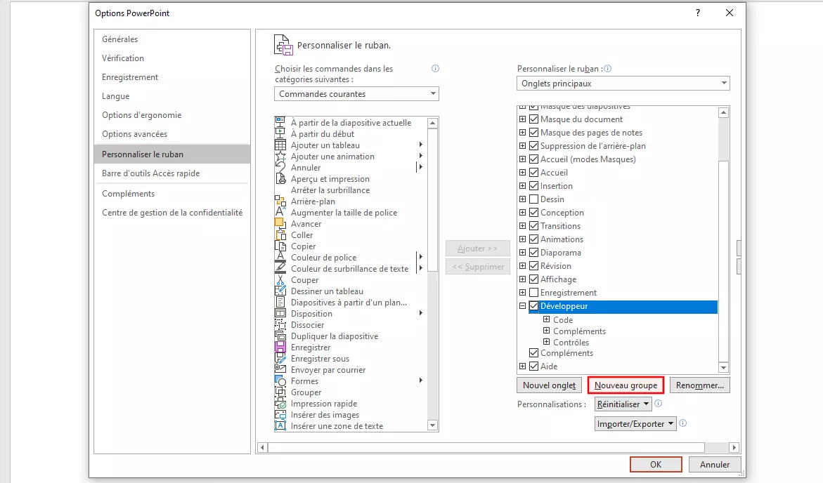 Image: Options de PowerPoint 365 : ajout d’un nouveau groupe