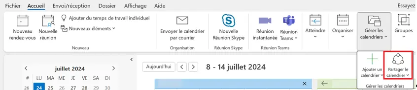 Image: Outlook : barre d’outils de l’affichage du calendrier dans l’onglet « Accueil »