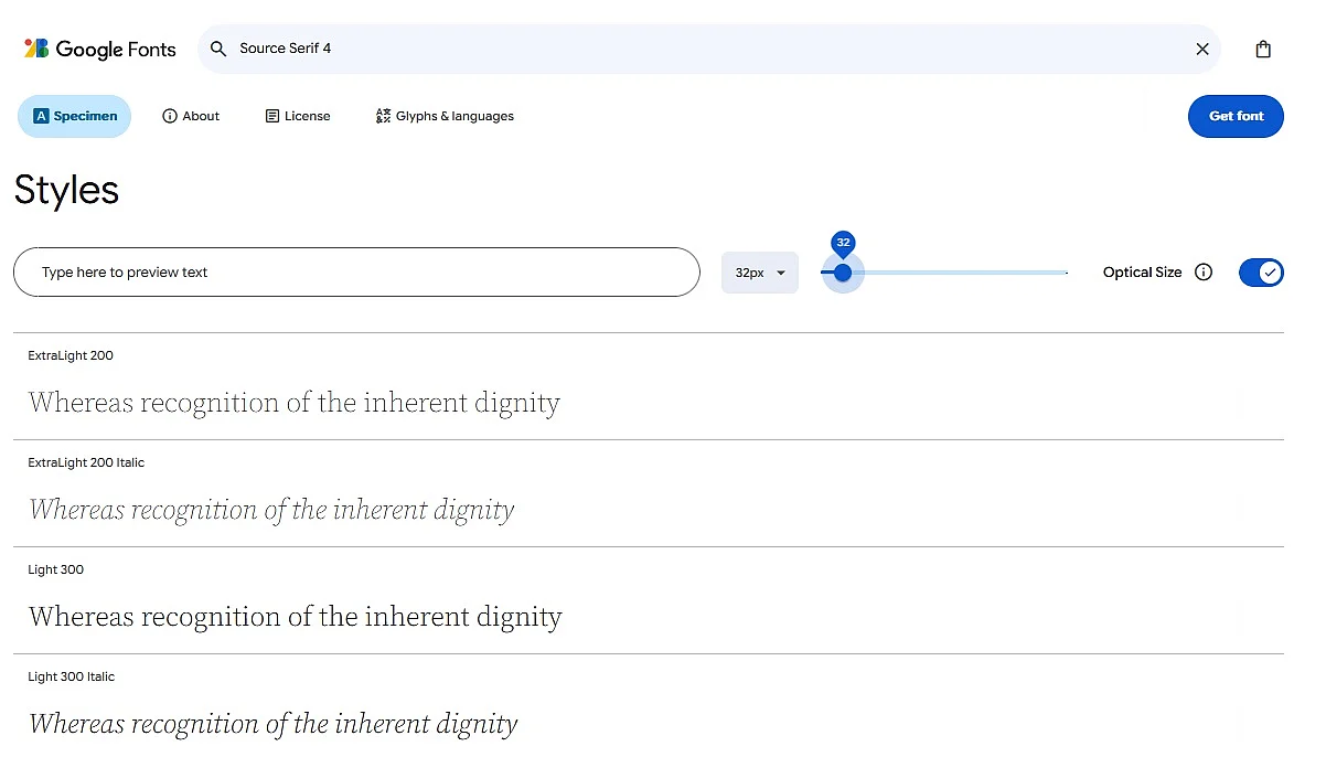 Différentes versions du Webfont Source Serif 4 sur Google Fonts Image: Différentes versions du Webfont Source Serif 4 sur Google Fonts