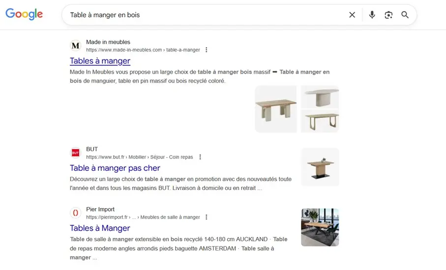 Image: Capture d&rsquo;&eacute;cran des r&eacute;sultats de recherche Google : &laquo; Table &agrave; manger en bois &raquo;