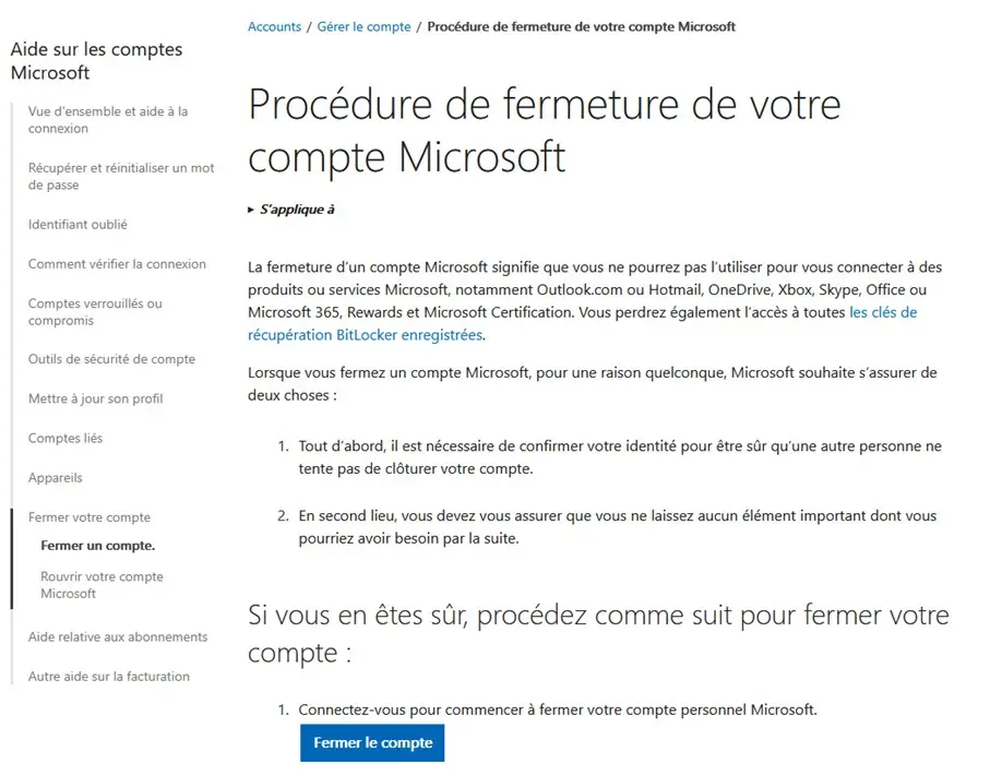 Image: Informations sur la fermeture du compte Microsoft