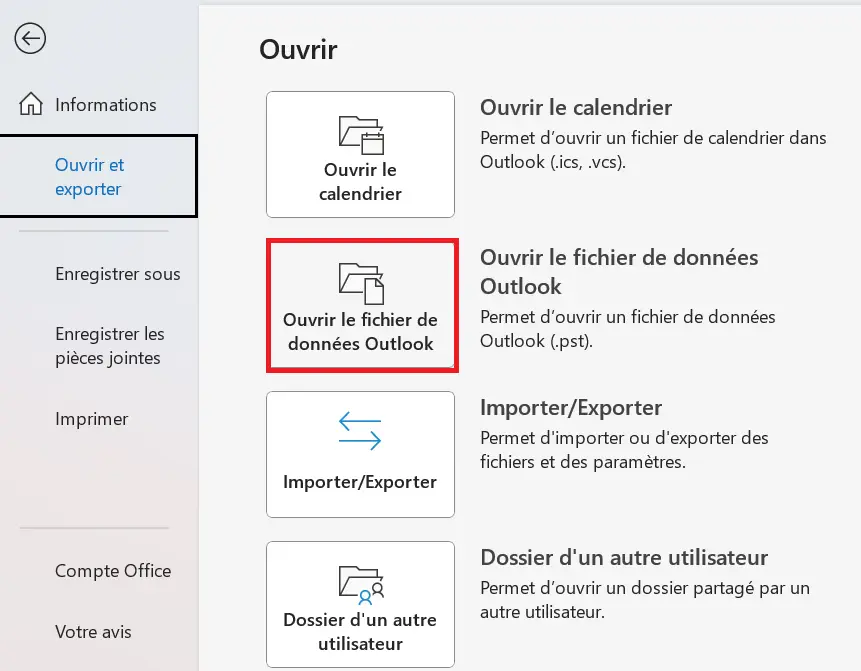 Action « Ouvrir le fichier de données Outlook » dans le menu Outlook « Fichier » Image: Action « Ouvrir le fichier de données Outlook » dans le menu Outlook « Fichier »