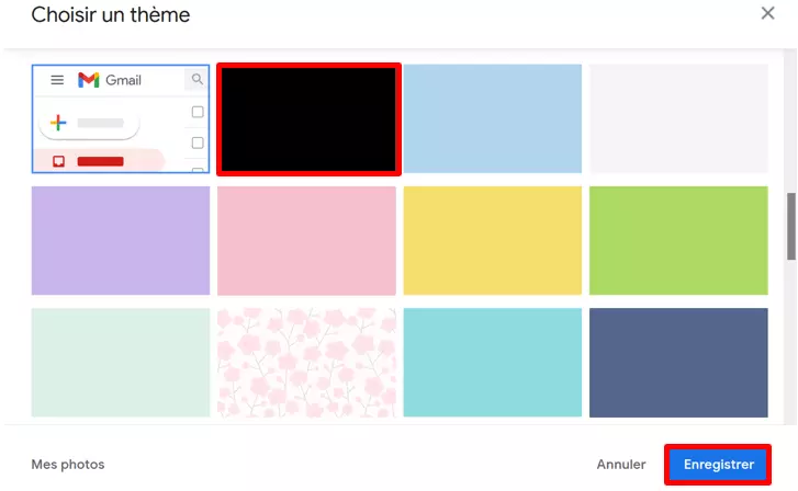 Image: Option « Thème sombre » dans les paramètres « Thème » de Gmail
