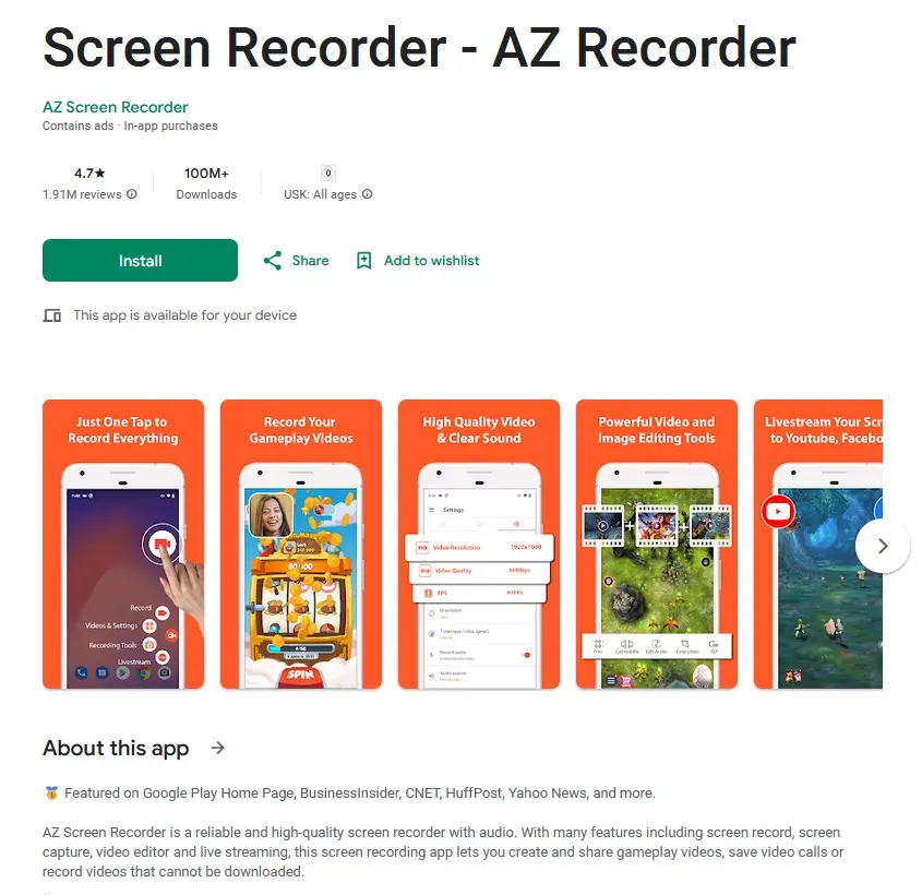 Outil de capture d’écran AZ Screen Recorder sur le Google Play Store Image: Outil de capture d’écran AZ Screen Recorder sur le Google Play Store