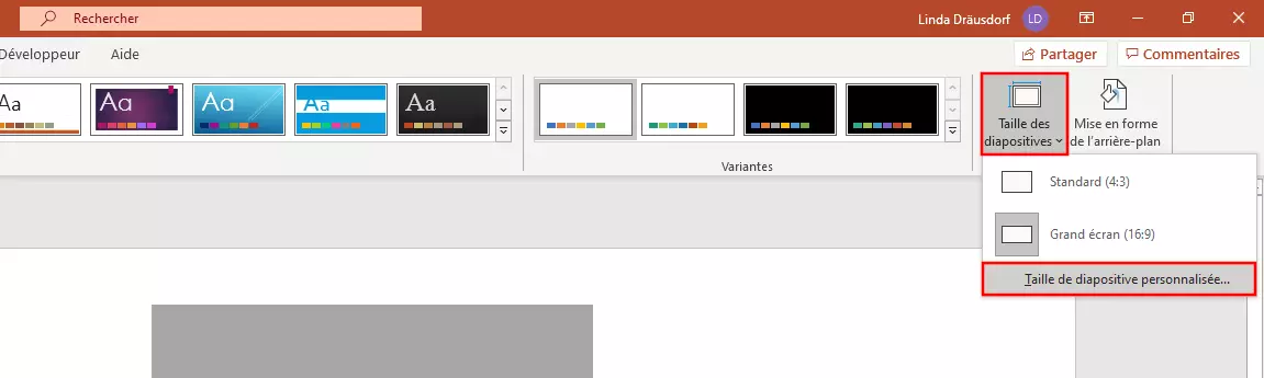 Image: Bouton « Taille des diapositives » dans PowerPoint