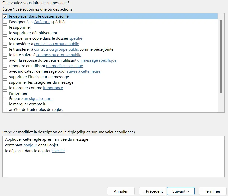 Image: Assistant de règles Outlook : sélection du dossier de destination