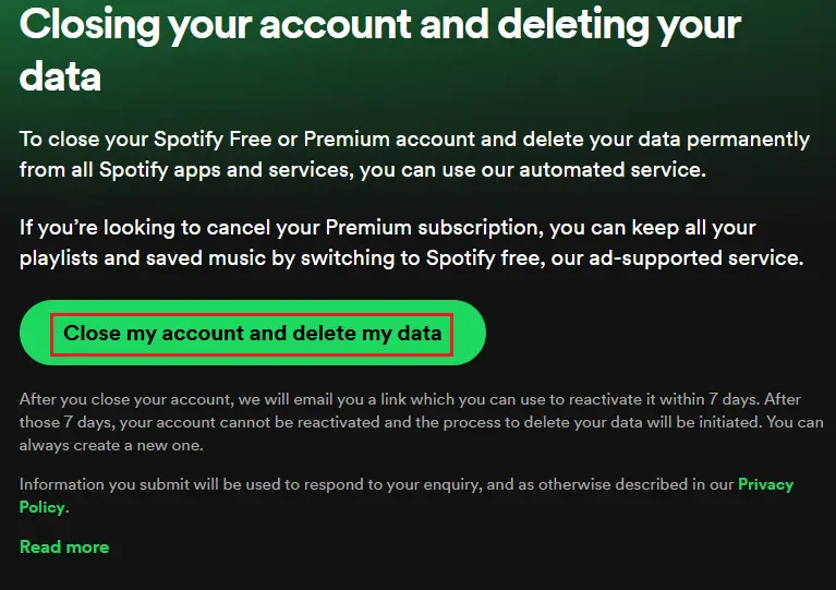 Spotify : boîte de dialogue « Fermer mon compte et supprimer mes données » Image: Spotify : boîte de dialogue « Fermer mon compte et supprimer mes données »