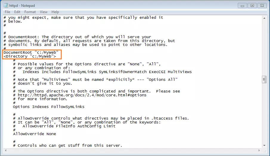 Image: Adaptation des données pour „DocumentRoot“ et „Directory“ dans le fichier httpd.conf