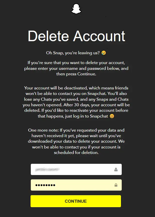 Image: Page de suppression du compte Snapchat