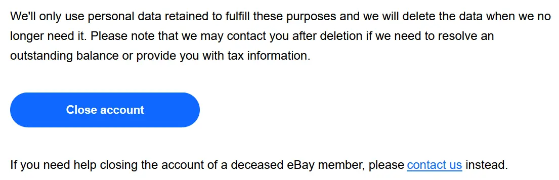 Page d’aide d’eBay relative à la fermeture d’un compte Image: Page d’aide d’eBay relative à la fermeture d’un compte