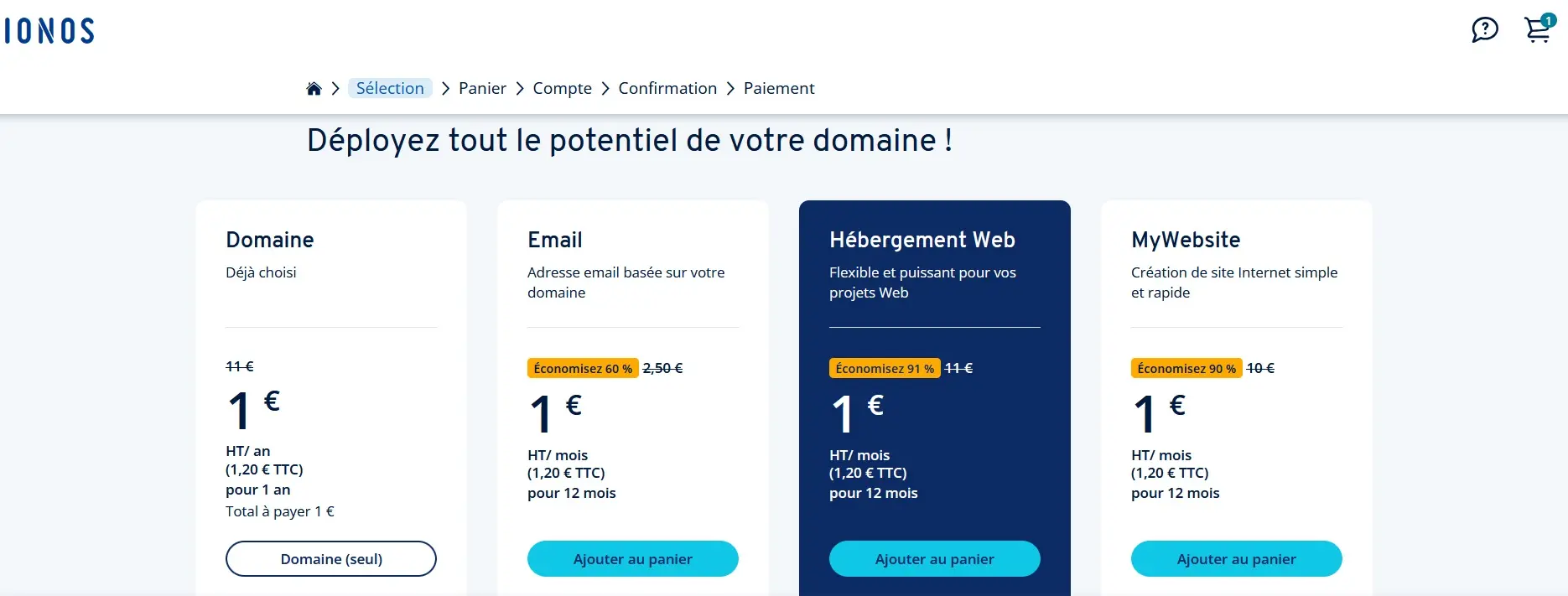 Image: Capture d’écran de la sélection de produits chez IONOS
