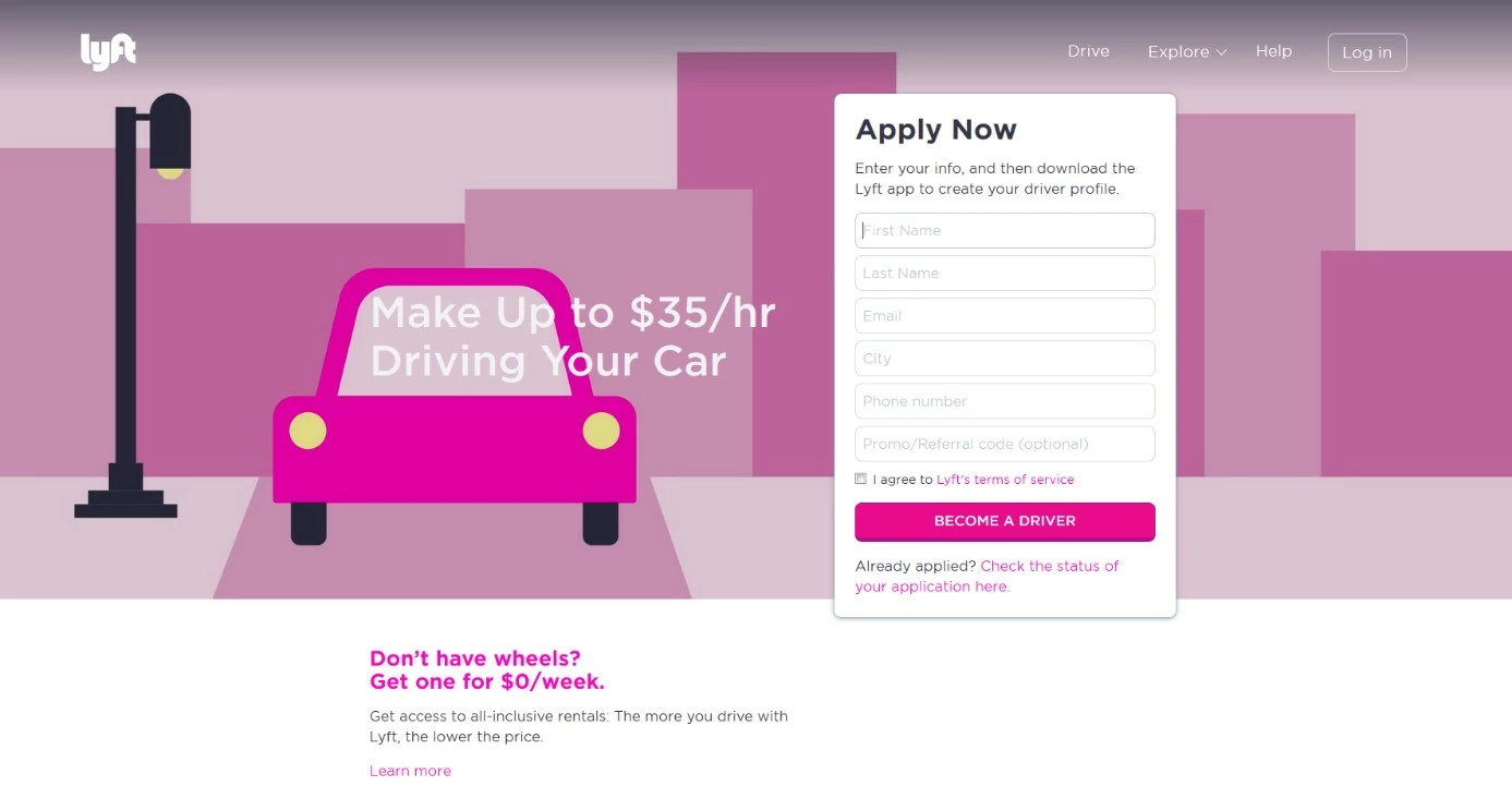 landing page du service de location de voitures Lyft