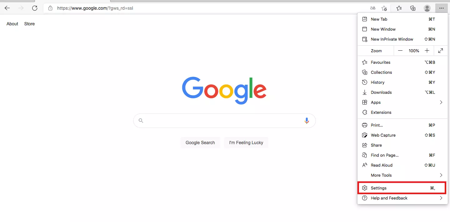 Image: Menu ouvert dans Edge